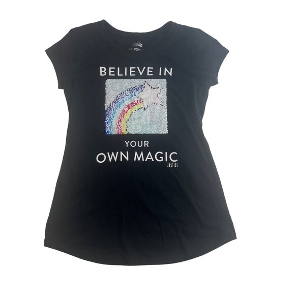 Justice Tshirt Girls Size 12 Black Reversible Sequin Unicorn & Rainbow - Picture 1 of 9